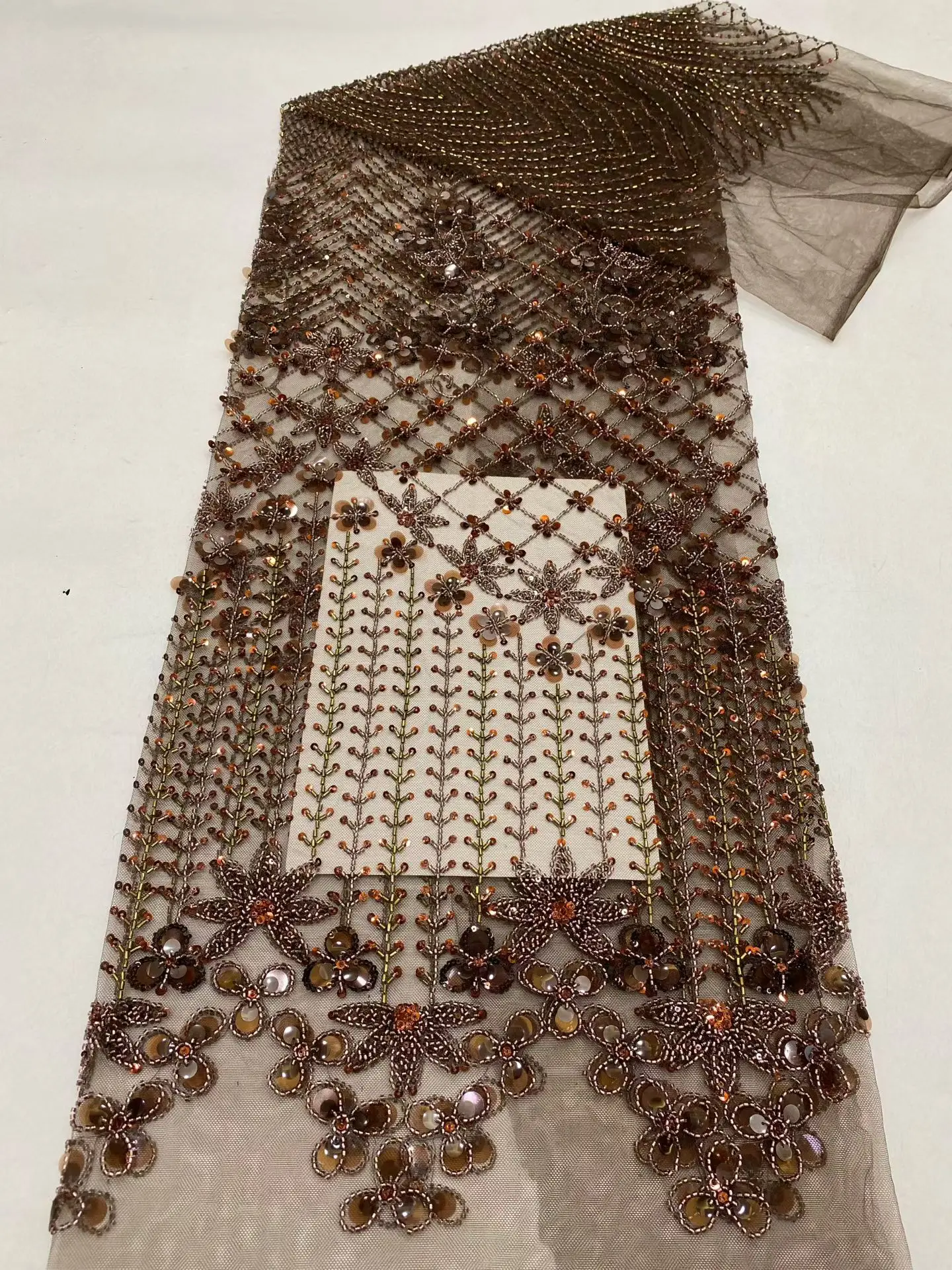 

African Lace Fabric High 5Yards Quality 2025 Brown Beads Embroidered Dubai 2025 Fabrics Luxury Designer For Womens Dresses H86-1
