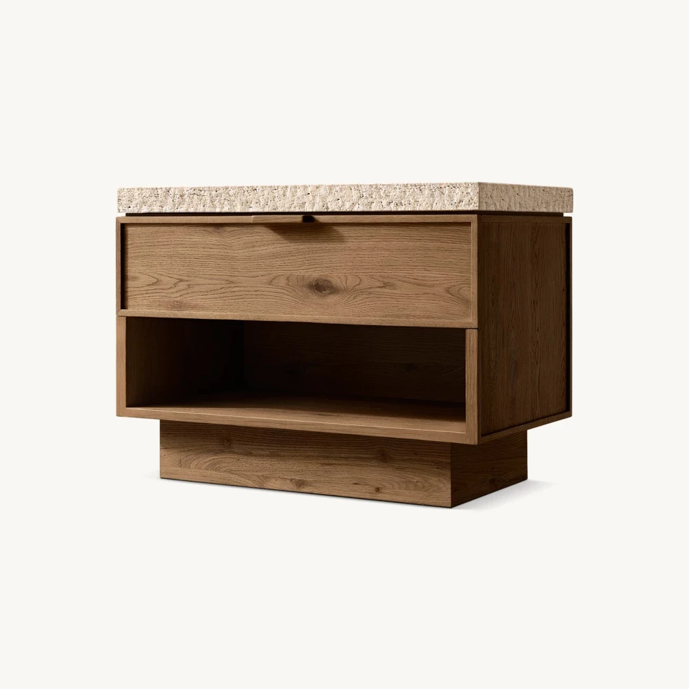 American Style Bedroom Night Stand Accent Bedside End Table Wood Travertine Nightstand with Drawer Open Shelf