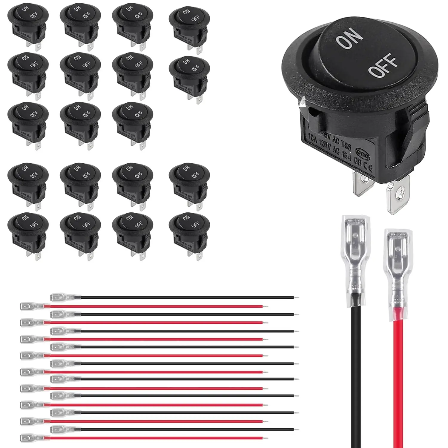 20 Stück runde Wippschalter, Ein-/Ausschalter, Mini-DC-Kreis-Kippschalter mit Kabel, 6 A/250 V, 10 A/125 V AC, für Auto und Automobil