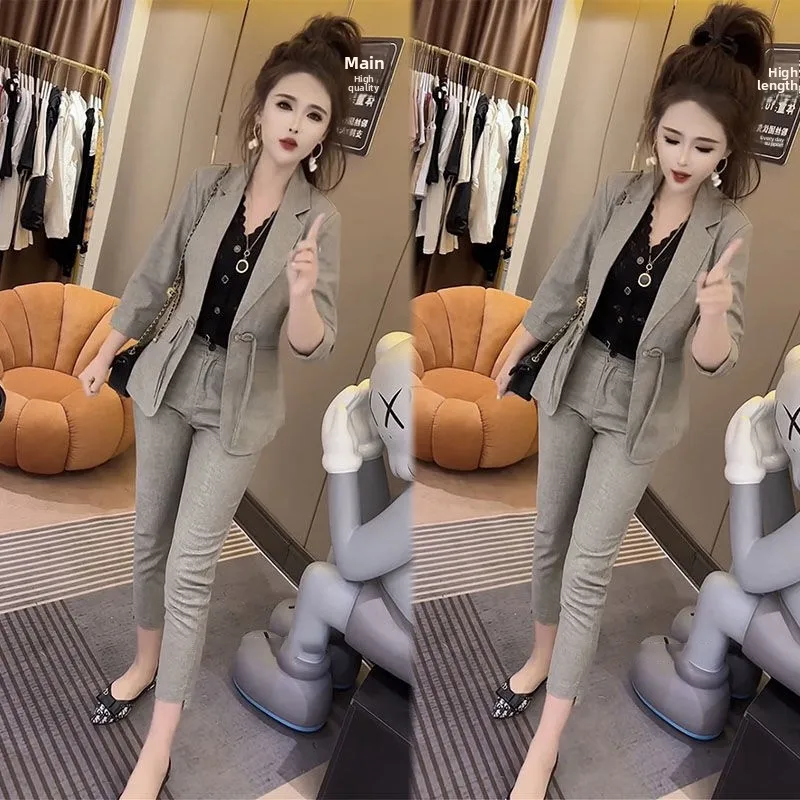 Retro Casual Faion Set Damski Wiosenno-Letni Nowy Elegancki Komplet Mała Marynarka i Spodnie z Wąskimi Nogawkami Dwuczęściowy Zestaw