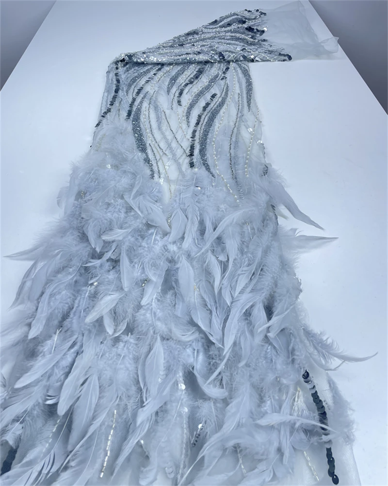 High-End African Nigeria handgemachte Perlen 3D Feder Stickerei Französisch Pailletten Spitze Stoff für Abendkleid Hochzeit
