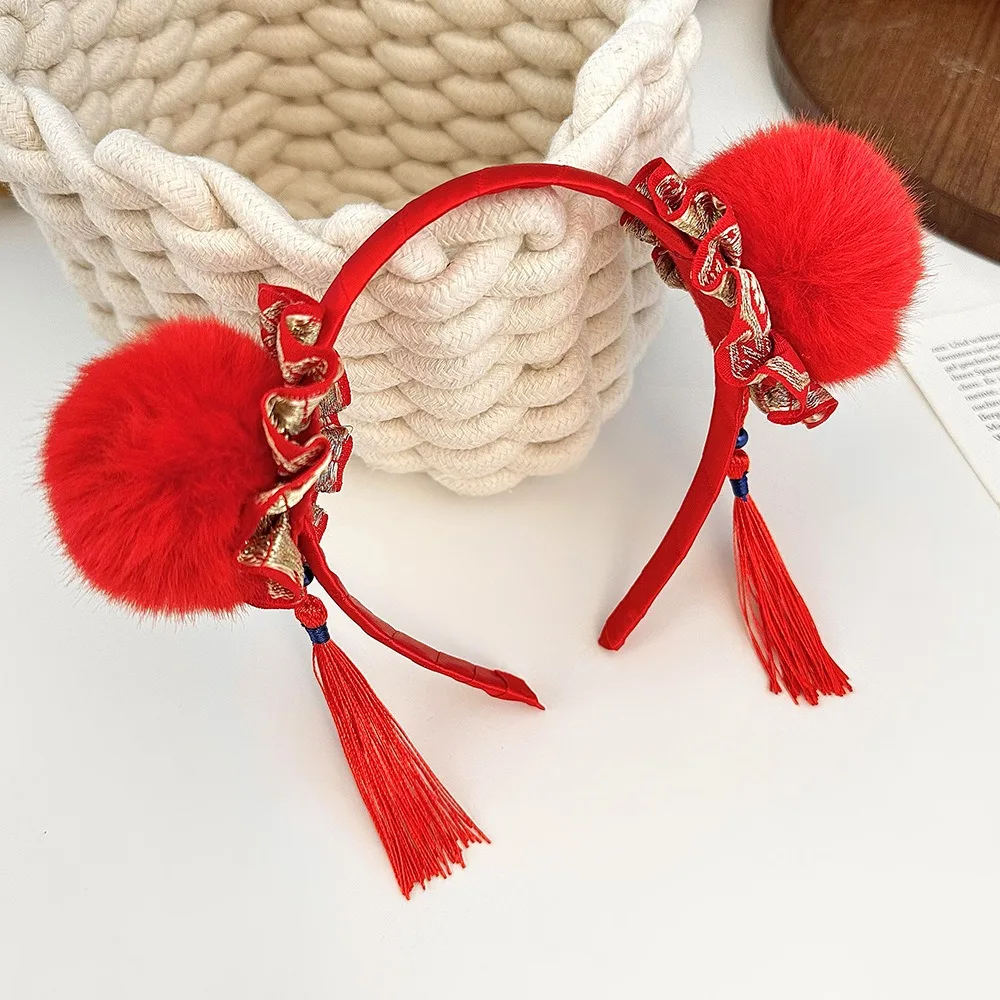 

Simple Fuwa Children Headband Tassel Ancient Style Hanfu Hair Sticks Plush Tang Suit Hair Hoop Chinese New Year Headwear Baby