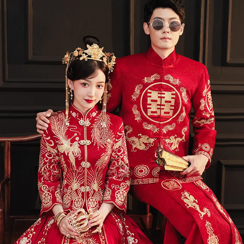 2023 New Xiuhe Chinese Wedding Cheongsams Sets Dragon and Phoenix Bride Toast Dress Tang Suit Hanfu Formal Traditional Qipao