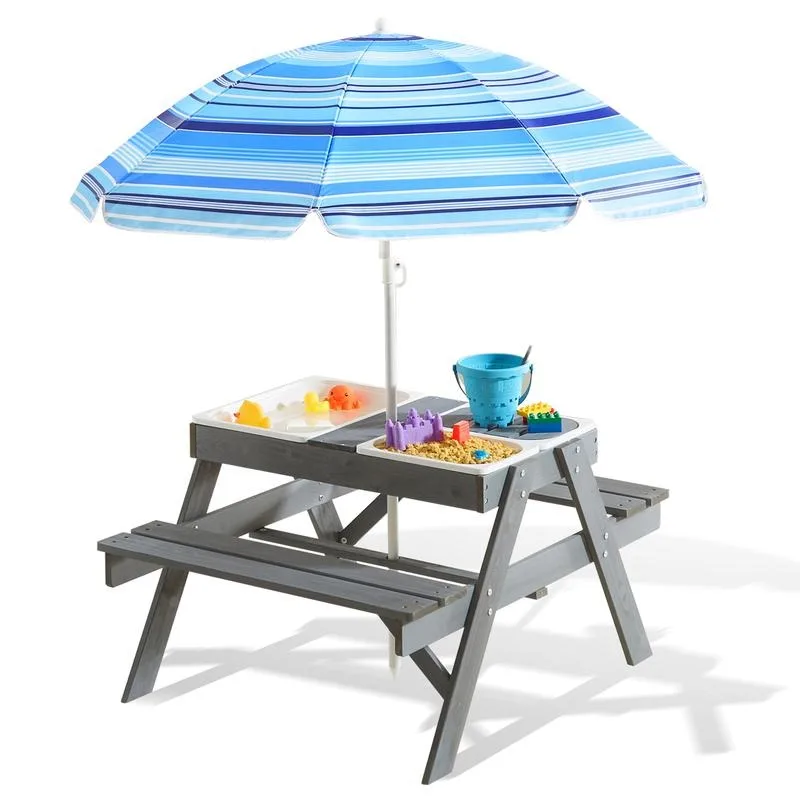 Beright Kids Sensory Picnic Table with 3 Collapsible Bins (1large + 2 small) and Umbrella