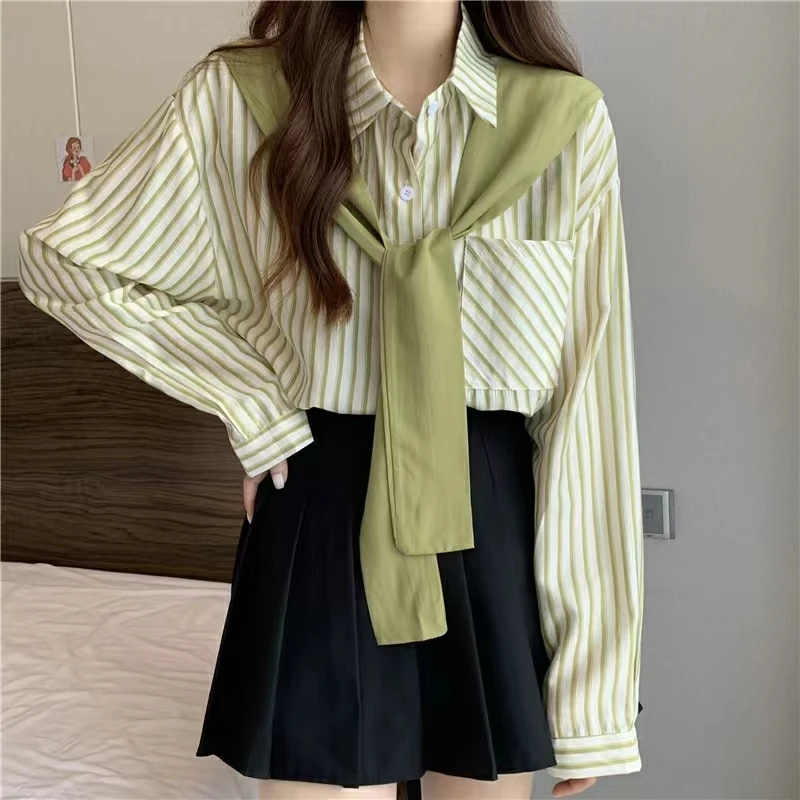 Women\'s Clothes Striped Long-sleeved Shirt Autumn Blouse New-style Shawl Fake Two Loose Temperament Shirt Casual Ladies Top