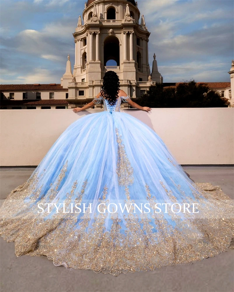 พู่สีฟ้า Quinceanera เดรสลูกปัด Appliques Ball Gown LACE-Up หรูหราชุดผู้หญิง 2024 ชุดพิเศษที่กําหนดเอง