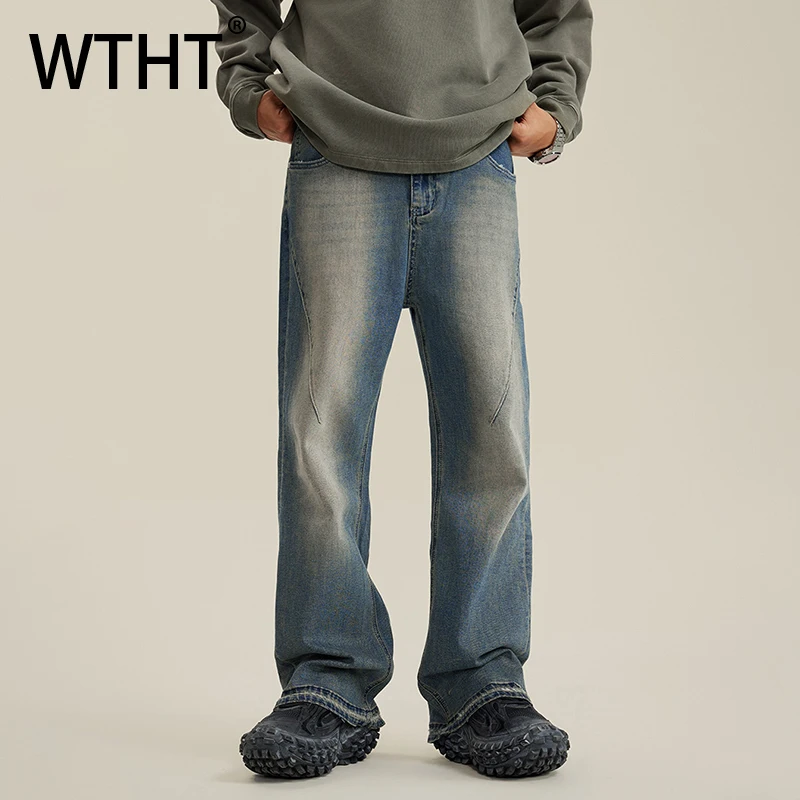 

WTHT Fashion Men Gradient Patchwork American Style Denim Pant Vintage 2025 Summer Casual High-waisted Wide Leg Jean Male 2A1015