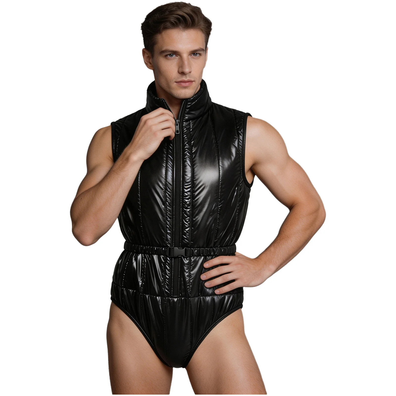Men Lingerie One Piece Water Resistant Padded Bodysuit Zipper Front Stand Collar Incontinence Needs Leotard with Elastic Belt