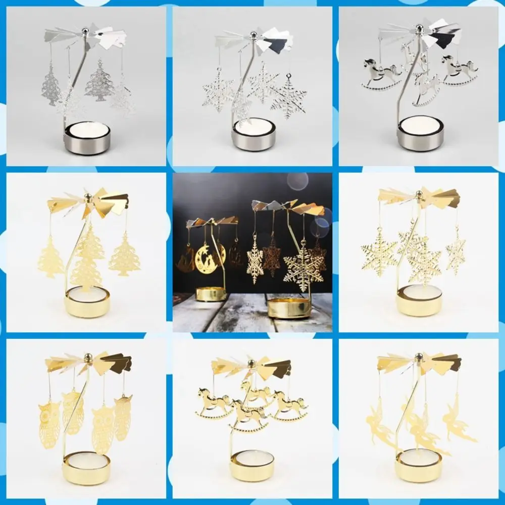 Metal Metal Rotating Tea Light Holder Gold Silver Hollow Christmas Rotating Candle Holder Angel Carousel Pattern