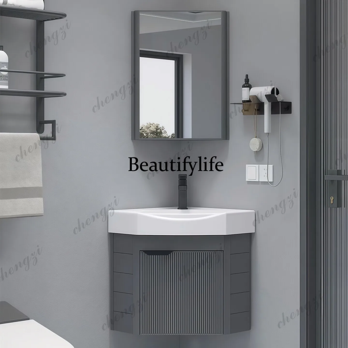 Space aluminum triangular bathroom cabinet combination rock slab corner hand wash basin small apartment