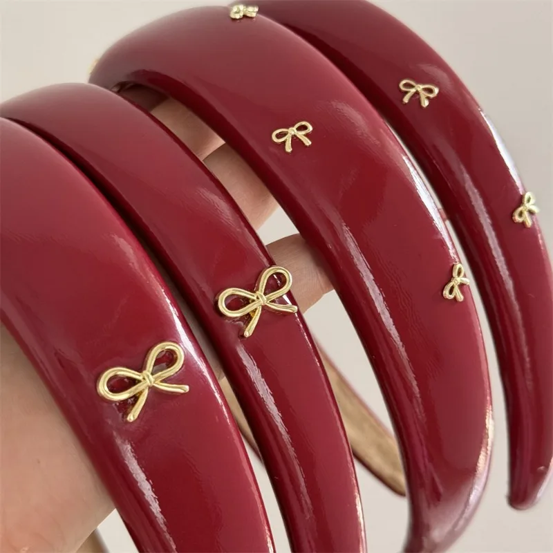 Red leather festive atmosphere golden bow headband daily going out headband hairpin temperament new hair accessories