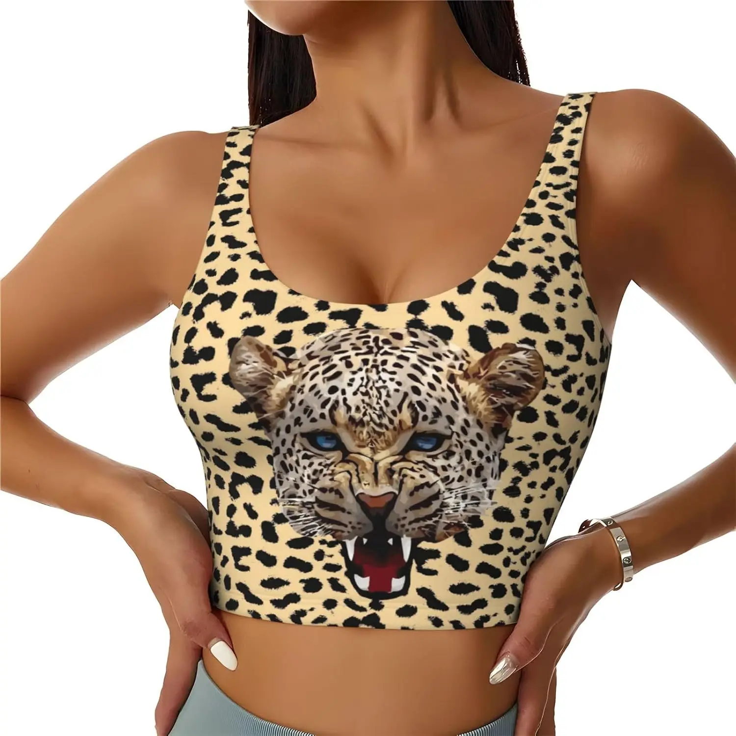 Women Leopard Print Crop Tank Top Roaring Leopard Head Graphic U‑Neck Sleeveless Slim Cropped Vest Stretchy