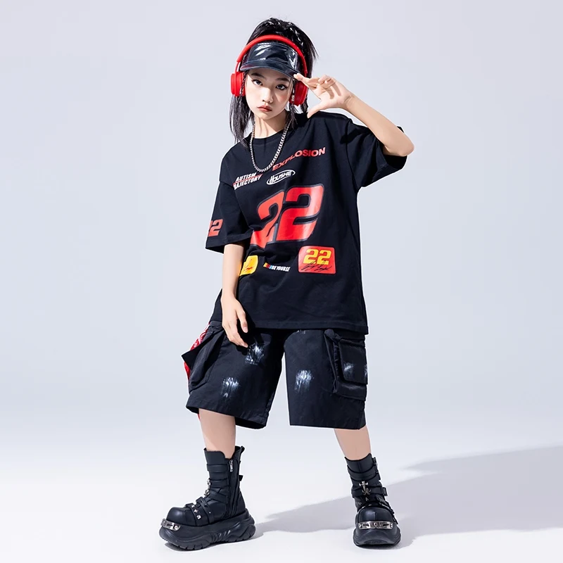 2025, neue Hip-Hop-Tanzkostüme für Mädchen, lose T-Shirts, schwarze Shorts, Outfits für Jungen, Jazz-Performance-Show, Bühnenkleidung DQS 19873
