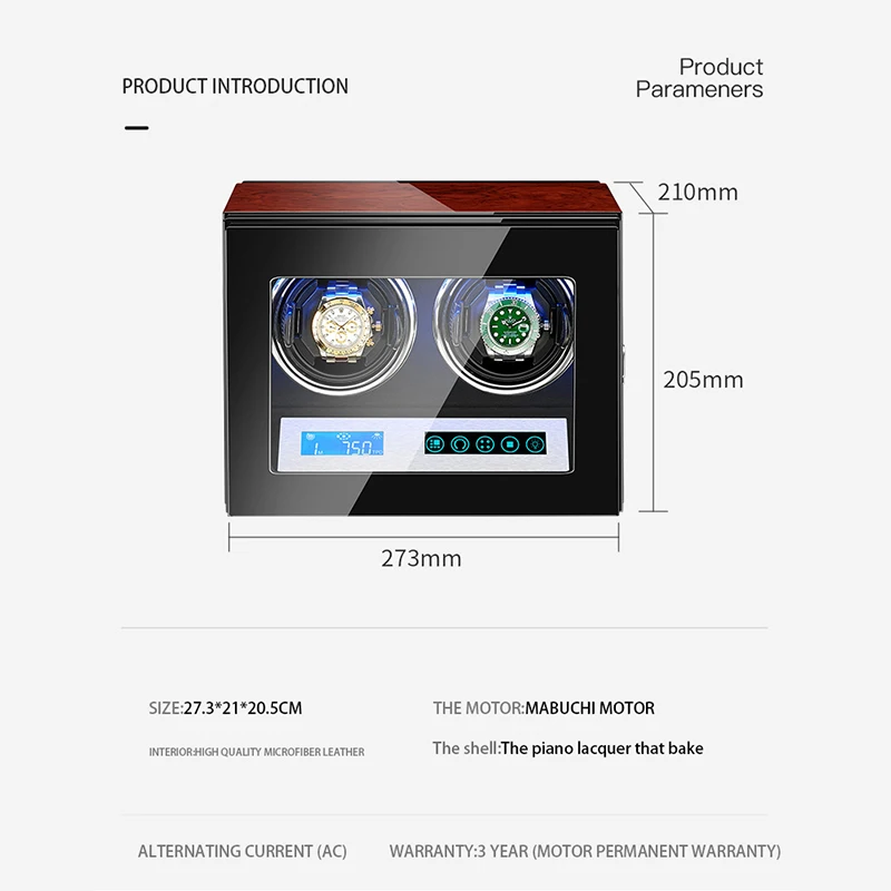 IBBETON Brand Automatic Watch Winder 3 4 6 9 12 Slot Mabuchi Mute Motor LCD Touch Screen and Led Light Wooden Watch Safe Box