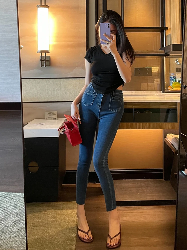 

Женские джинсы с высокой талией в стиле ретро, новые весенние модели, облегающие, эластичные, с двойными карманами, корейская версия, из хлопка с добавлением стрейча