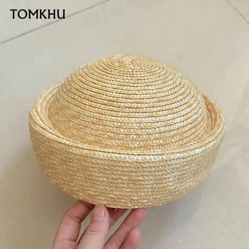 

New Summer Straw Beret Hats For Women Sun Hat Circle Concave Top Church Derby Party Beach Cap Black Brown Pillbox Bonnet Enfant