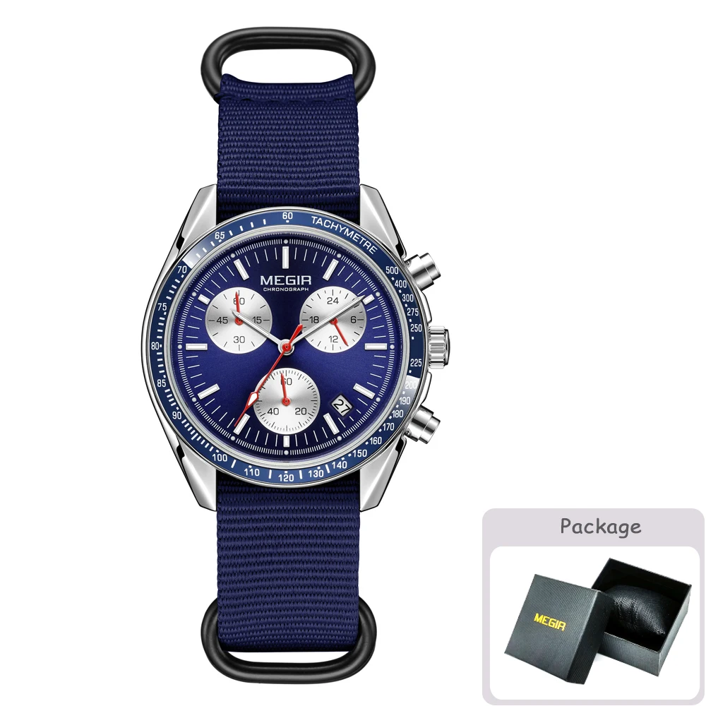 MEGIR Quartz Chronograph Watches Men Waterproof Sport Wristwatch Men's with Fashion Nylon Strap Luminous Pointers Date Male Gift