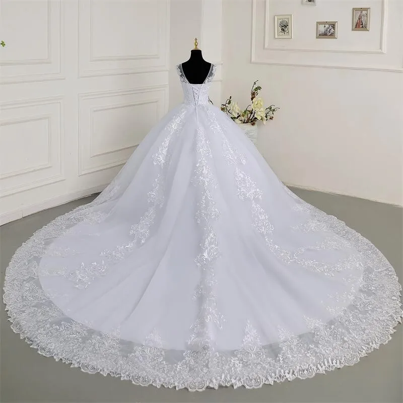 Luxus Spitze Brautkleider elegante ärmellose Vestido de Noiva formale Braut Ballkleid echtes Foto plus Größe neue reinweiß