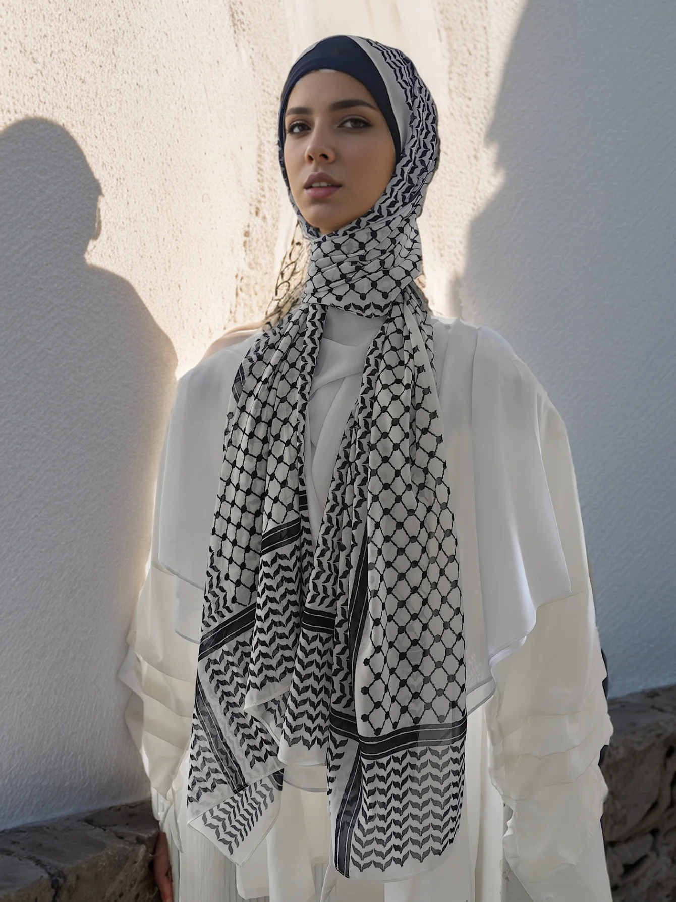 2pcs Women Keffiyeh with Tube Set Chiffon Print Shawl Echarpe Keffyeh Fashion Ladies Soft Headwraps Geometric Arab Women Scarf