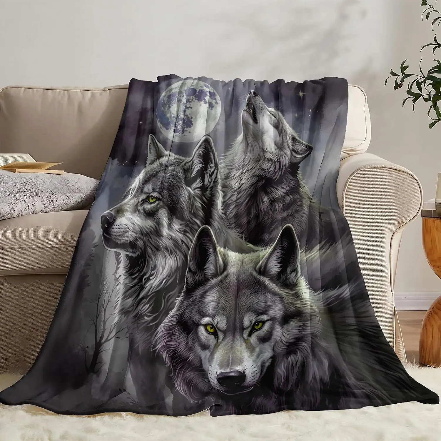 Three Grey Wolf Green Eyes Full Moon Flannel Throw Blanket Soft Warm Cover For Sofa Bedroom Dorm Wild Decor Wolf Pattern Gift