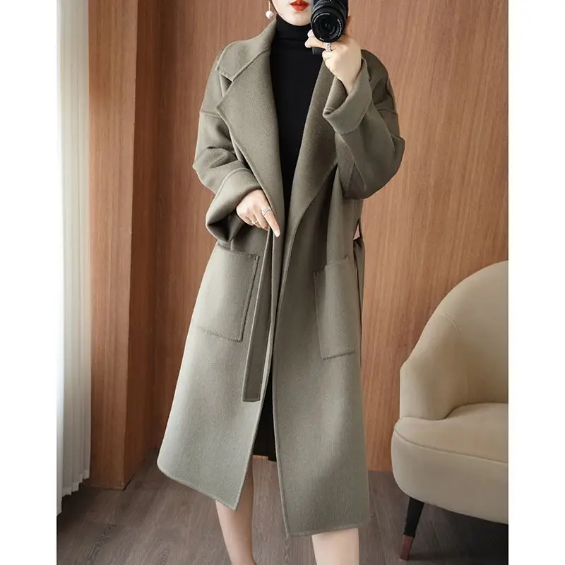 Korean Style Hepburn Style Wool Double-Sided Woolen Coat For Women, Medium To Long, High-End Slimming French Style Coat