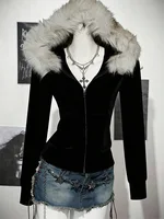 Y2K Harajuku Gothic Women's Hoodie Sexy Slim Chic Suede Fur Collar Letter Print Cardigan Sweatshirt  Female Streetwear - Image 2