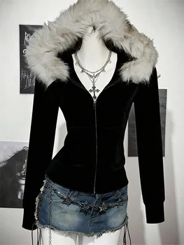 Y2K Gothic Women's Hooded Zip-Up Sweatshirt 2 Y2K Harajuku Gothic Women's Hoodie Sexy Slim Chic Suede Fur Collar Letter Print Cardigan Sweatshirt Female Streetwear 2