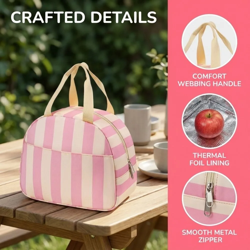 Multi-Purpose Striped Insulated Lunch Bag Reusable Leakproof Food Thermal Box with Handle Large Capacity Food Tote Bag Outdoor