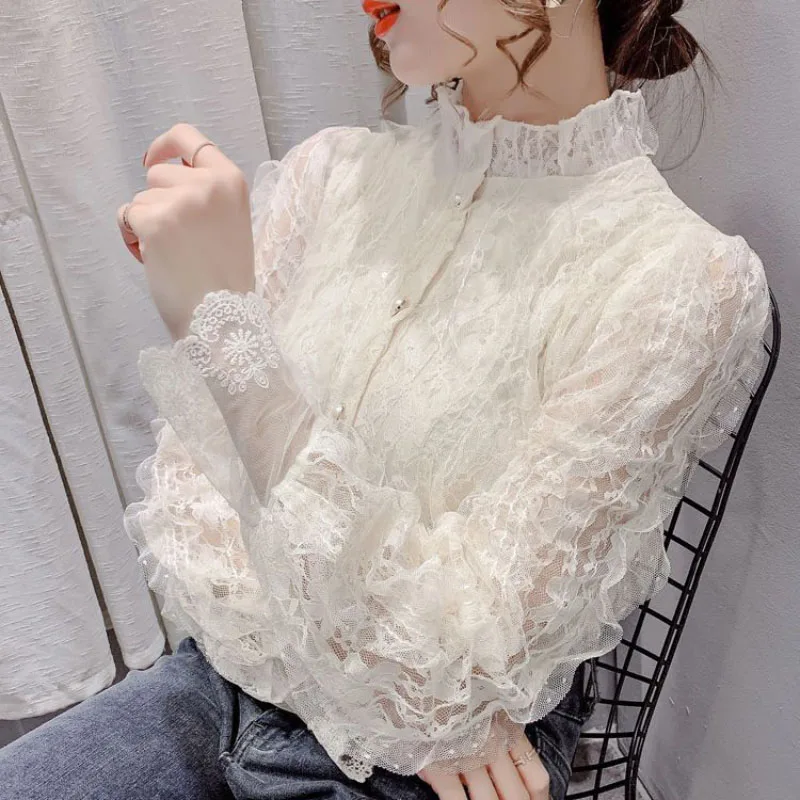 

Lace Sunscreen Shirt Women's Suit Inner Base Shirt New Spring Summer Collar Loose Breathable Long Sleeve Shirt Ins Cardigan Tops