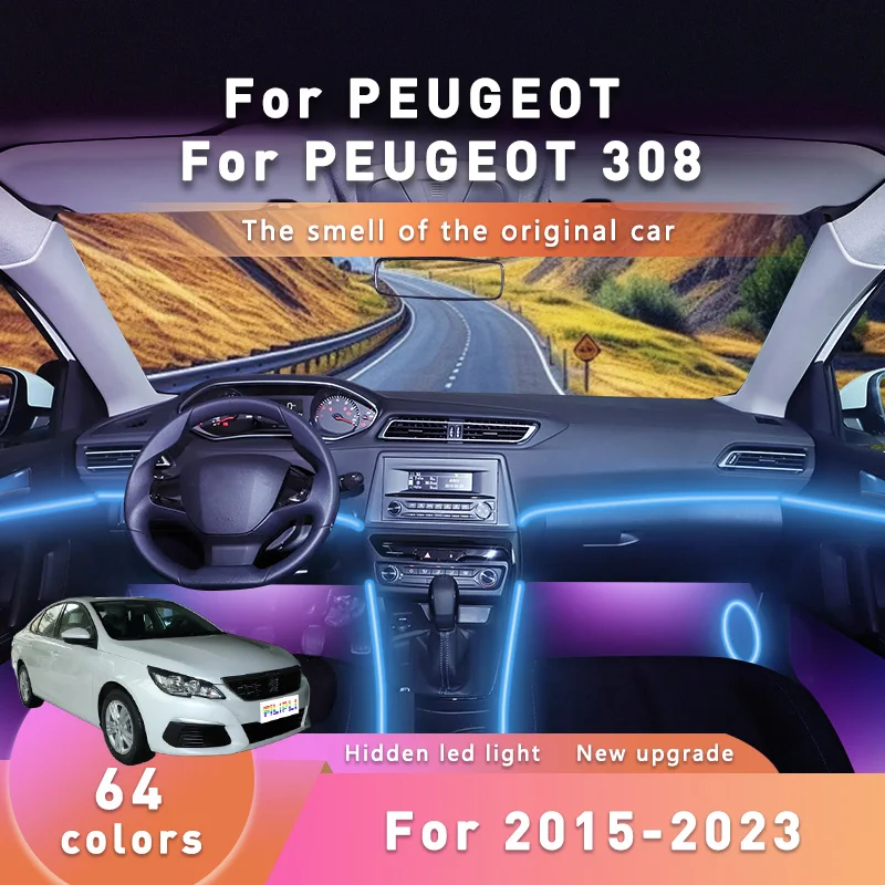 

For The PEUGEOT 308 For 2020 Multi Color Mood Atmosphere Decoration 64 RGB Car Wireless DIY Bluetooth LED Interior Light Strips