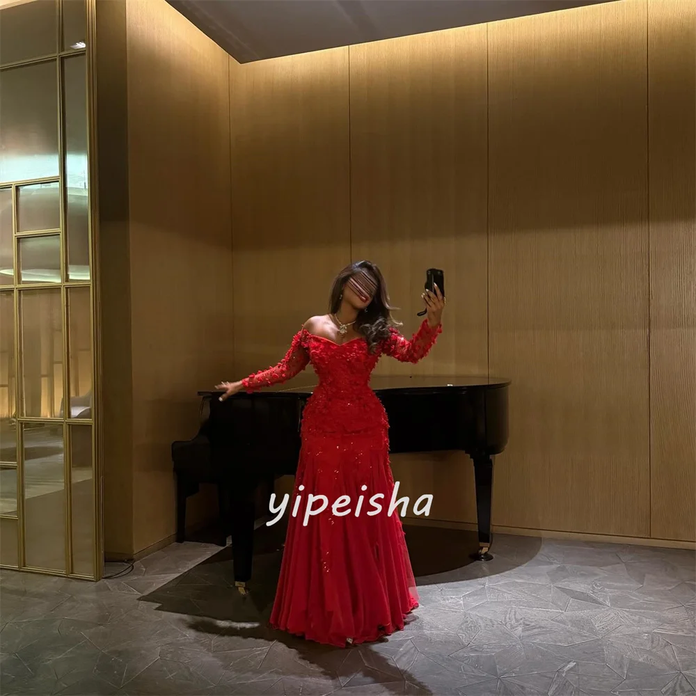 Customized Matching Intricate Chiffon Handmade Flower Rhinestone Mermaid Off-the-shoulder Long Dresses Bespoke Occasion Dresses