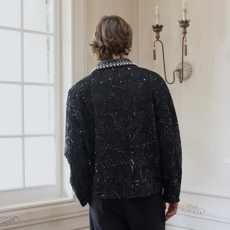 WVGA Spring Autumn New Men Sequin Embroidered Trendy Jacket Stand-up Collar Zip-up Outerwear High-end Beaded Niche Top Ins W2896