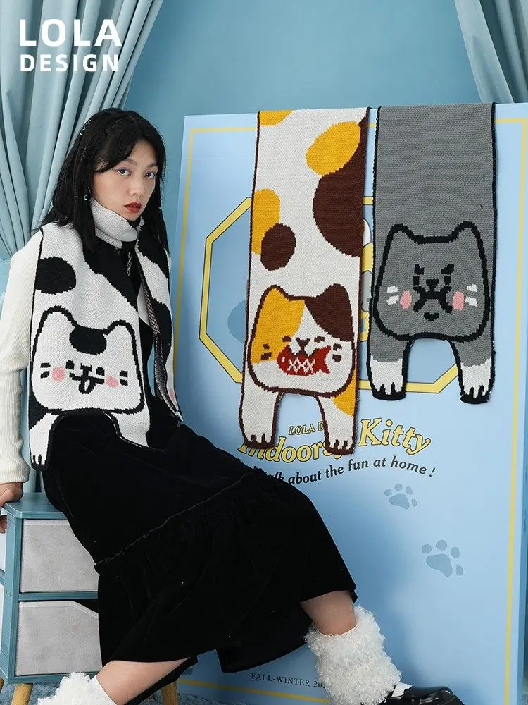 japanese-original-cartoon-cat-scarf-winter-cute-knitted-scarf-women's-gift-niche-warm-big-shawl-for-girl