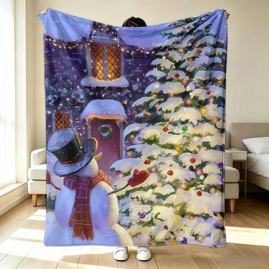 1PC cute snowman Christmas tree gift pattern flannel blanket, 2D single-sided printed holiday sofa bed decorative blanket