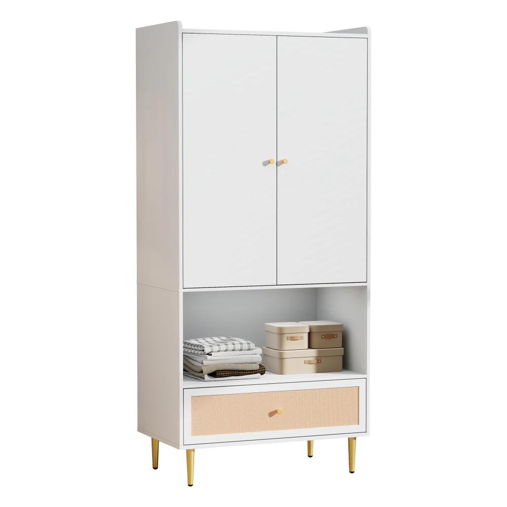 PINGGO Weißer Kleiderschrank mit 2 Türen, Rattanschublade, Metallbeinen und Griffen, 80x48x175cm, für Schlafzimmer und Wohnzimmer – Detail 14