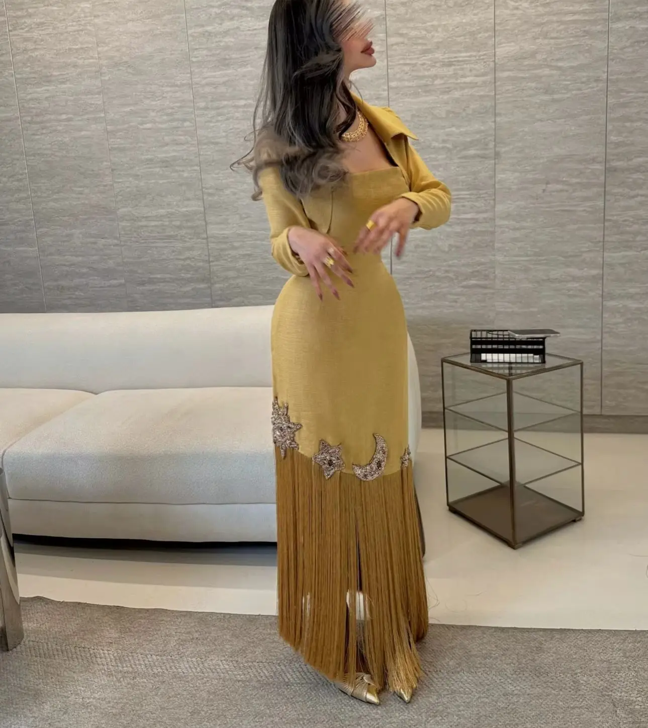 Customized Elegant Evening Dresses Yellow Satin Party Gowns With Fringe Tassels Matching Jacket Prom Dresses with Embroidery