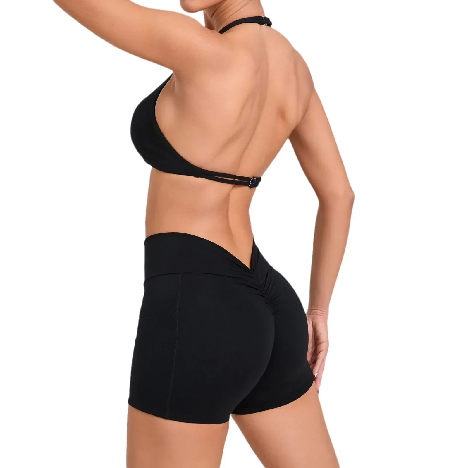 Tute da yoga senza cuciture Sport Fitness Tasche per il sollevamento dell'anca a vita alta Pantaloncini Set da yoga con reggiseno appeso regolabile sul retro di bellezza