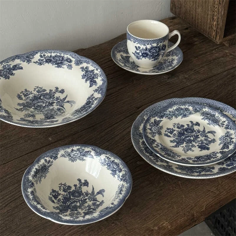 

Синий цветочный подглазурный обеденный набор для домашнего использования, тарелка, чаша для кофе, винтажная китайская чашка Di, круглая ape Deep Di Design