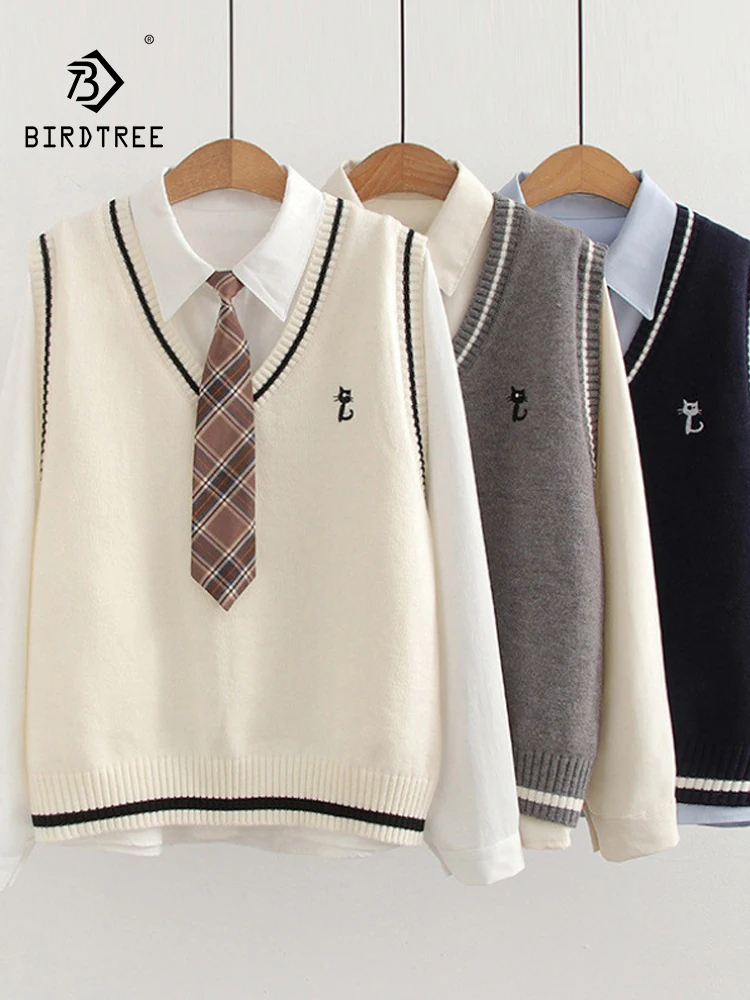 

New 2025 Winter Cotton Shirt Knit Vest Set, Women V Neck Cat Embroidery, Mori Girl Sweet Preppy Style Loose Blouse Set S5N723CC