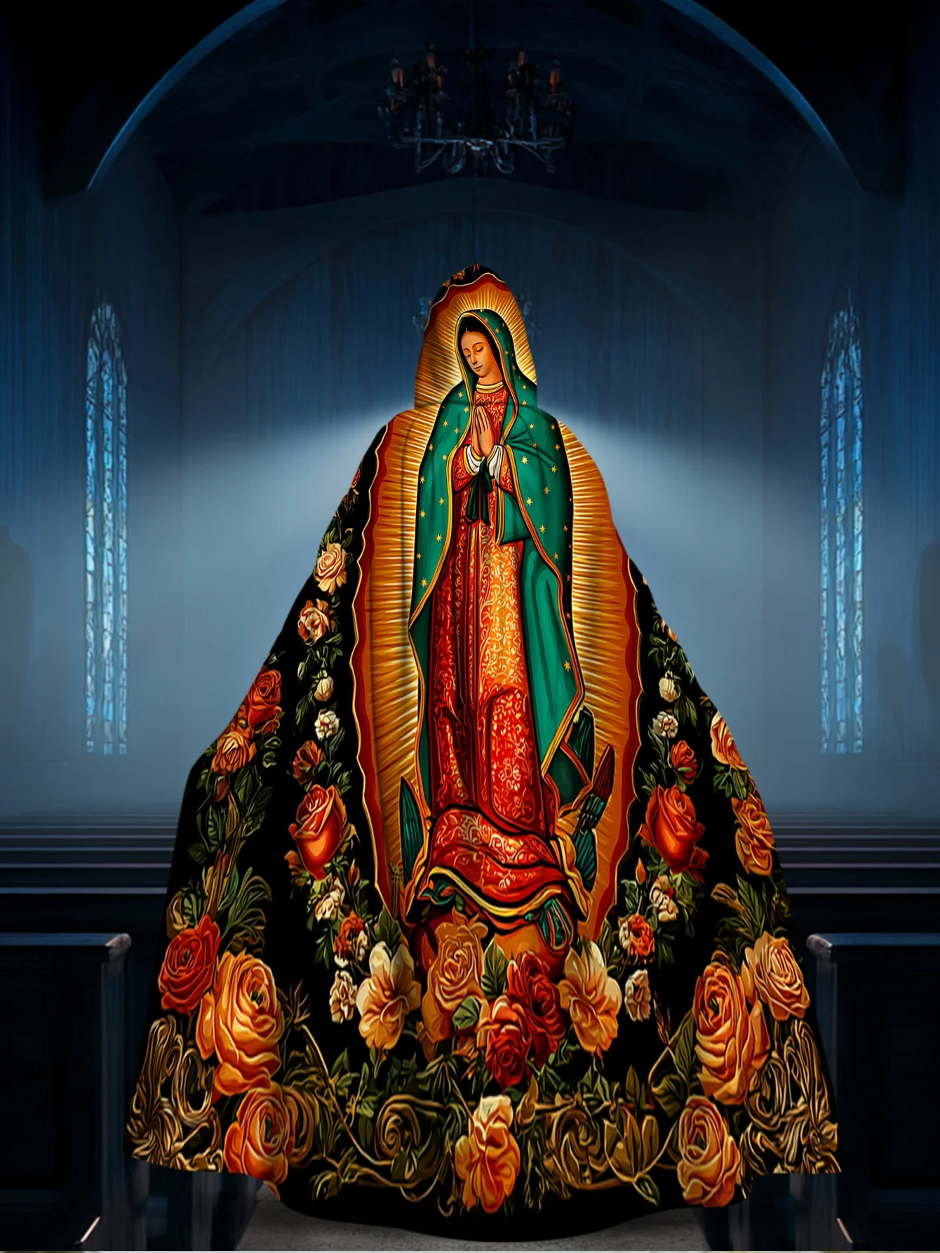 1pc Our Lady of Guadalupe Hooded Cloak Full-Body Iconic Religious Robe for Stage Performances Cosplay Costumes