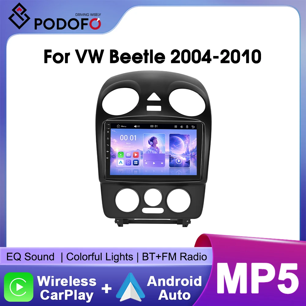 Autoradio stereo Podofo da 9 pollici per VW Volkswagen Beetle 2004-2010 con CarPlay wireless, Android Auto, Bluetooth, Mirrorlink, lettore multimediale video
