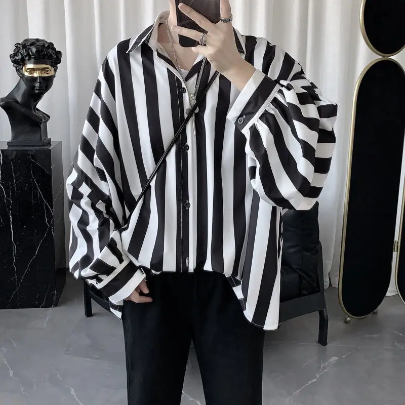 Fashion Lapel Spliced Button Korean Striped Shirt Men\'s Clothing 2022 Autumn New Loose Casual Tops Long Sleeve All-match Shirt