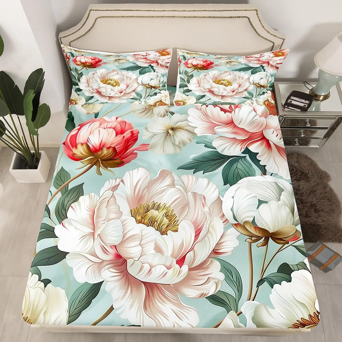 Groovy Peony Flower Fitted Sheet,Full King Size Watercolor Vintage Floral Deep Pocket Sheets, Garden Blossom Petals Bed Sheets