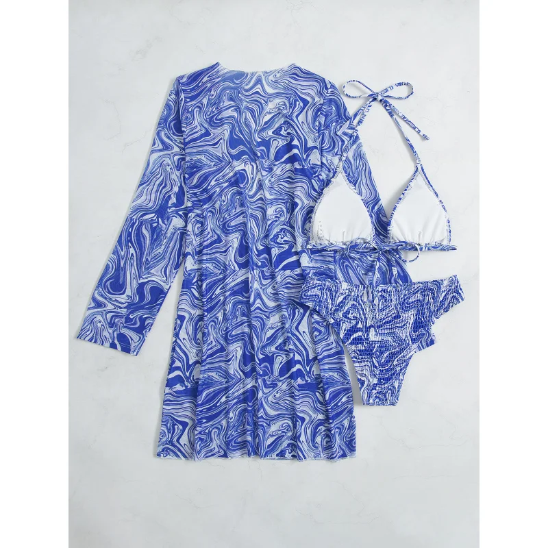Swimsuit Blue and White Porcelain Three-Piece Set Long Coat Body Shaping Bikini Women's Hot Sale