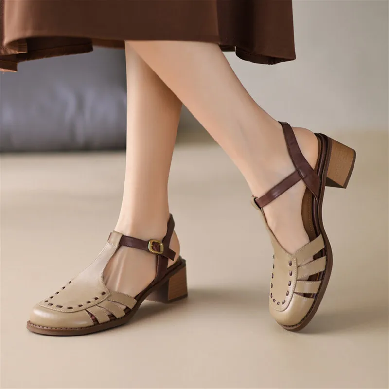 2023 Summer Sandals Round Toe Sandals Chunky Heel Shoes for Women Handmade Women Sandals Mixed Color Hollow Out Gladiator Shoes