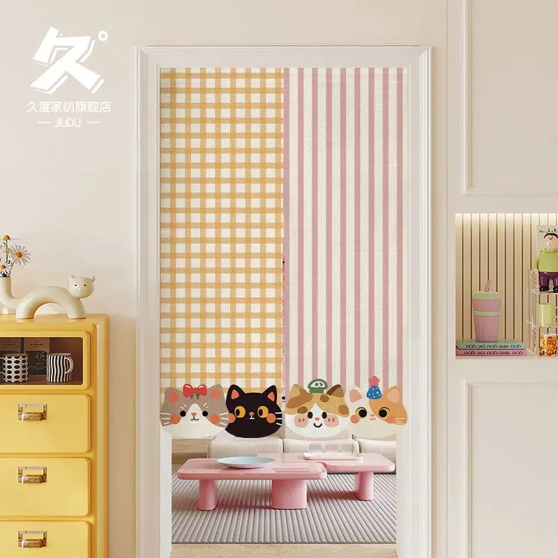 VIKAMA Blue Stripe Plaid Cartoon Dog Door Curtain Checkerboard Pattern Four Puppy Head Hat Cute Kawaii Linen Noren Bedroom Soft