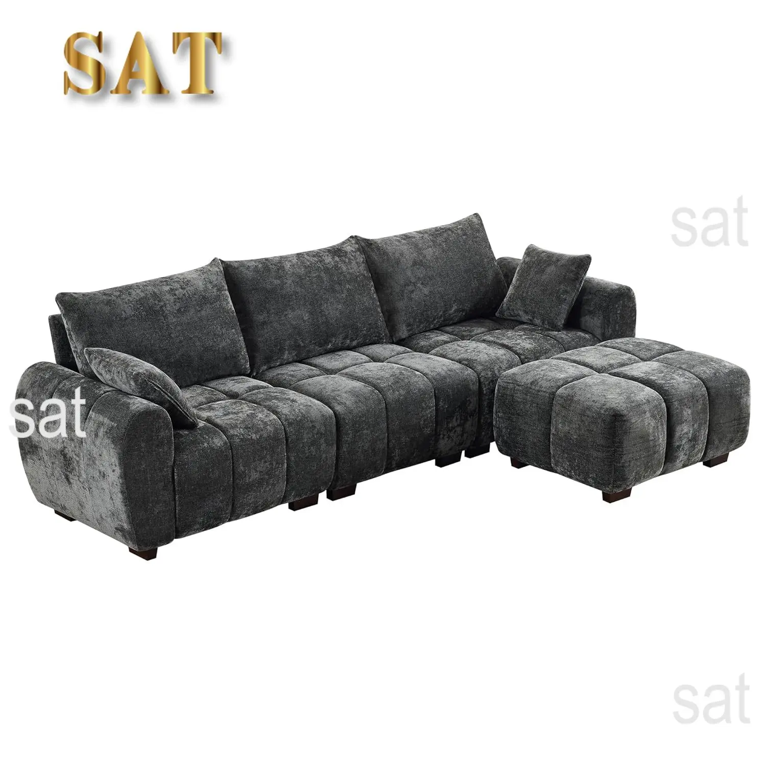 #112" Mid Century Modern L Shaped Couch, 3 Seater Modular Sectional Sofa with Movable Ottoman, Deep Seat and Solid Wood, Custom