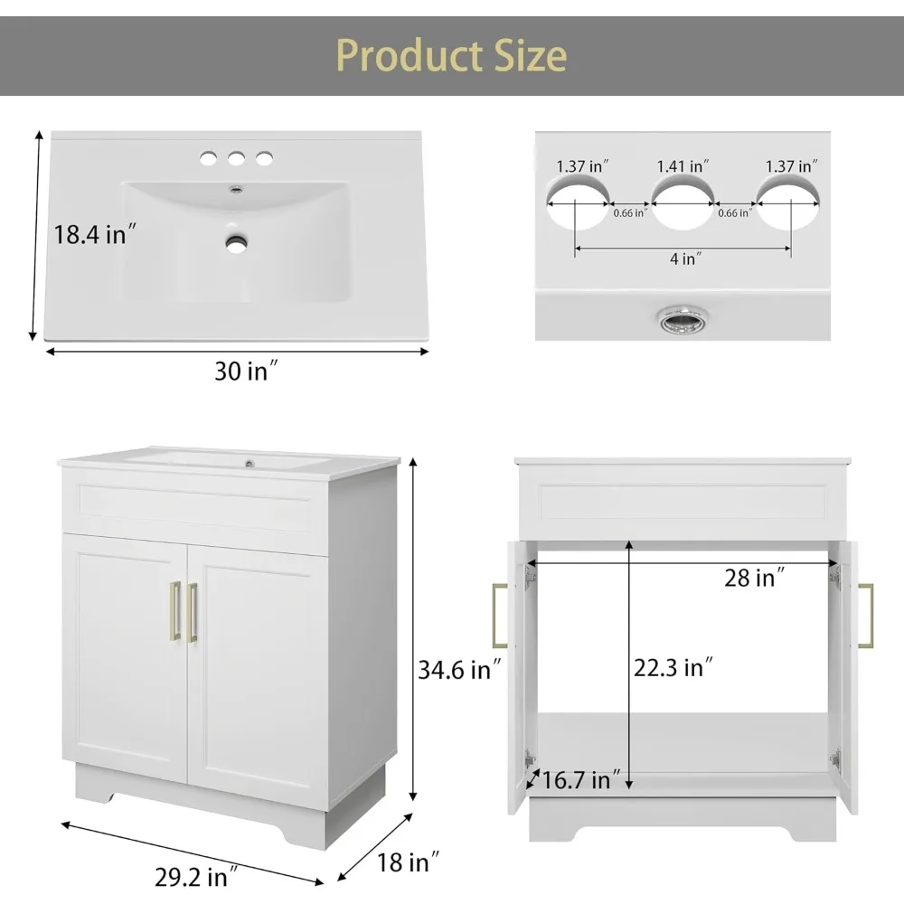 Vanity da bagno con lavabo in ceramica, mobiletto da bagno con 2 ante, mobiletto da bagno in legno da 30 pollici, bianco