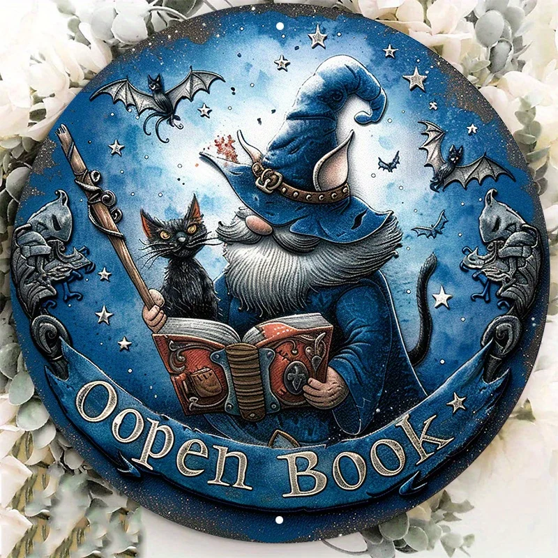 

Enchanting Wizard Gnome & Black Cat Round Aluminum Wall Sign, UV and Scratch Resistant, Outdoor Decor, Decorative Wall Poster