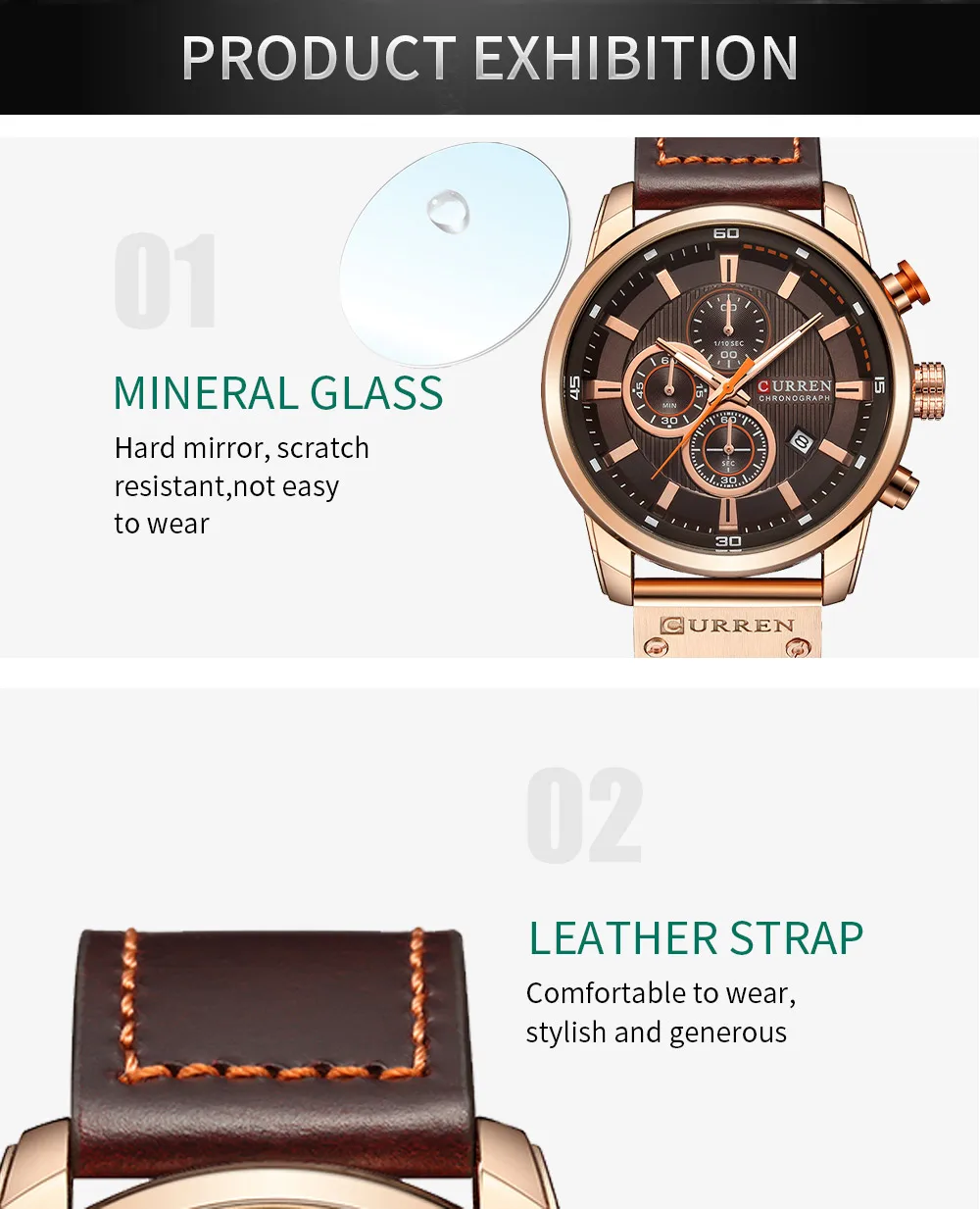 CURREN 8291 Herren-Quarz-Chronographenuhr, lässige Leder-Militär-Sport-Mode-Gentleman-Armbanduhr – Detail 4